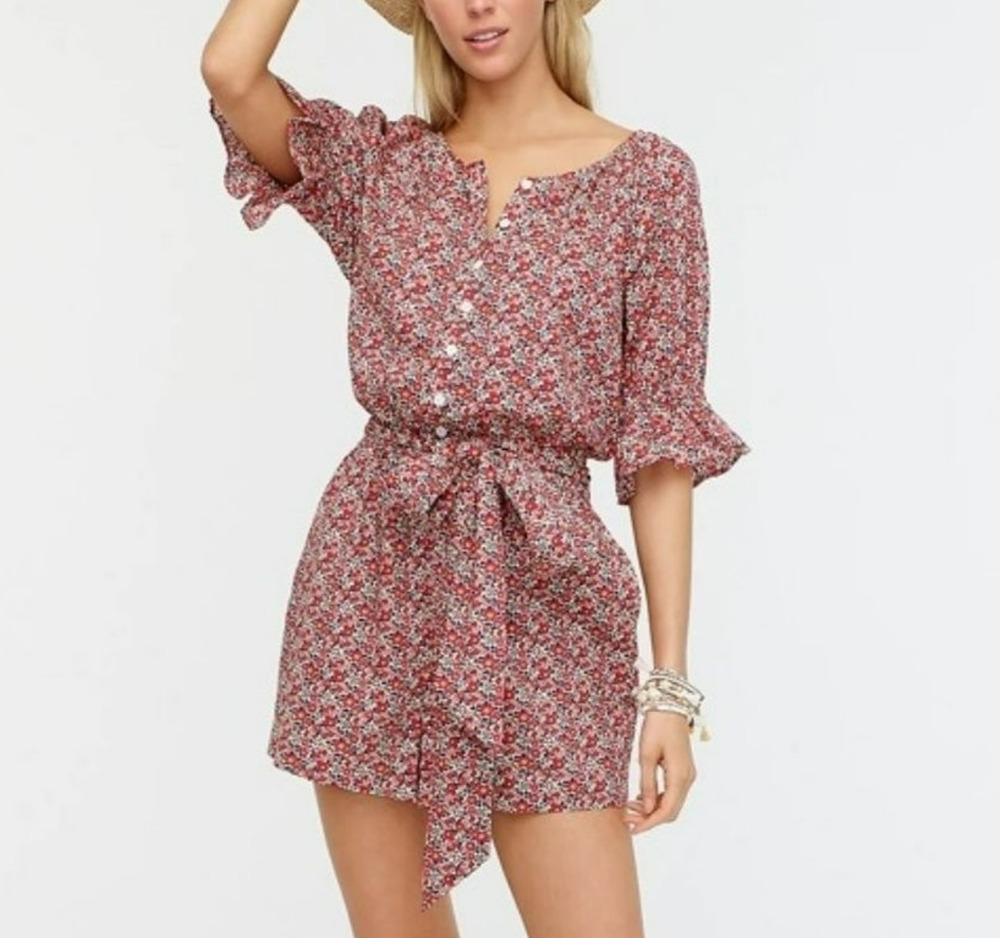 J Crew Liberty Fabric Belted Romper Size Small Betsy Ann Floral Cotton Beachy